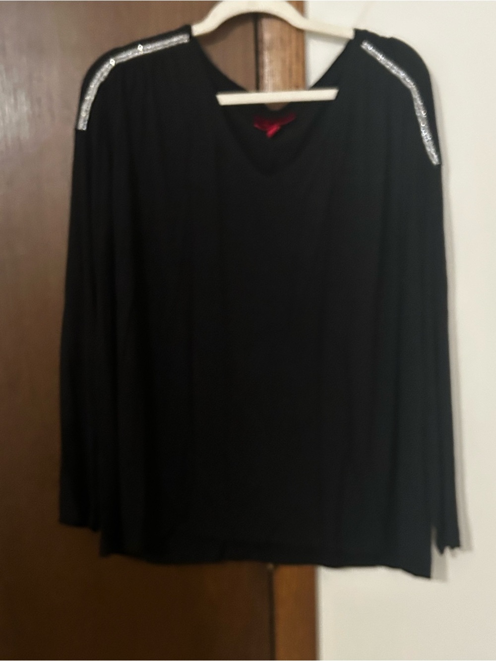 Jennifer Lopez Black Long Sleeve V-Neck Top with Shoulder Rhinestone Trim